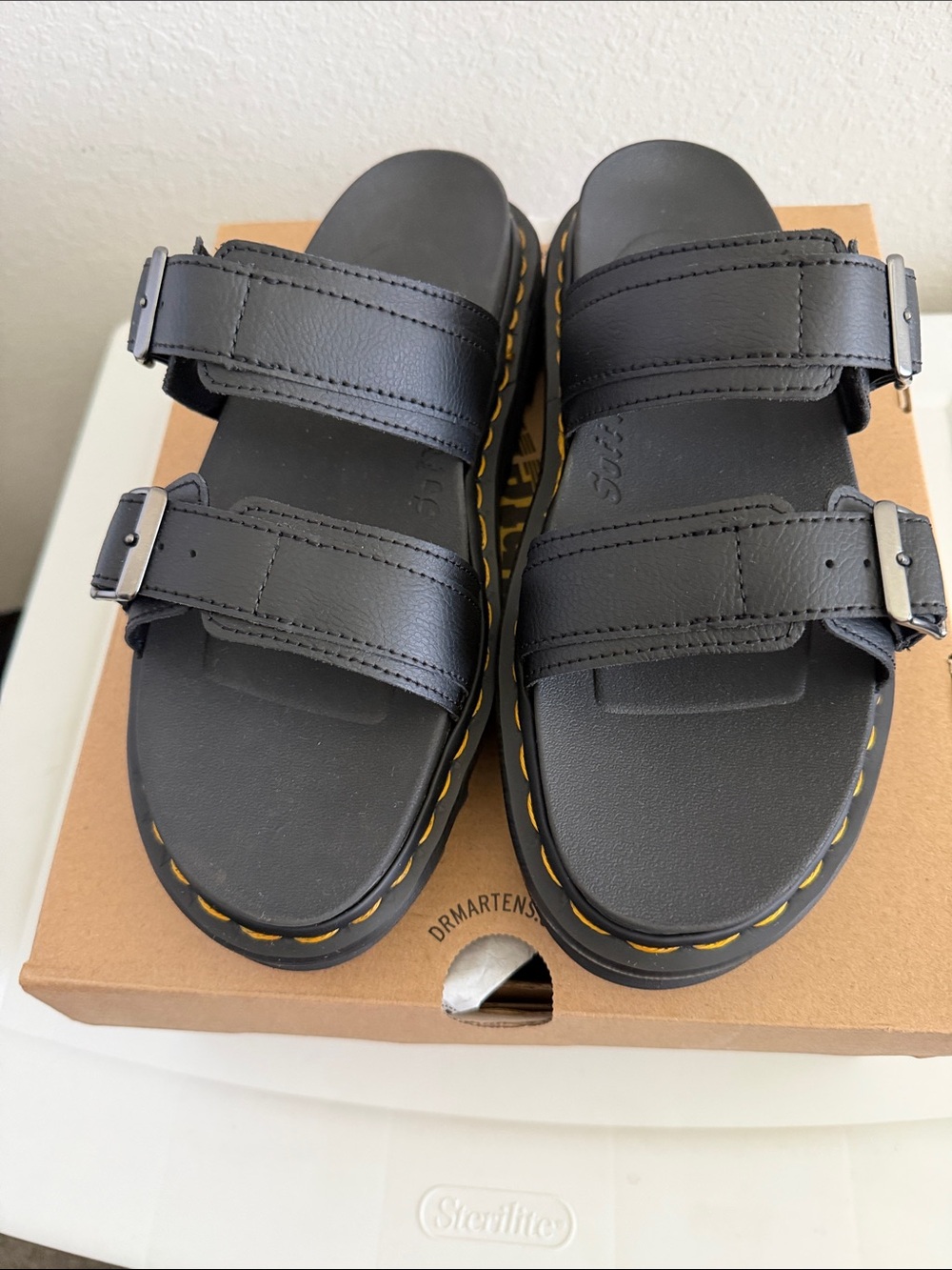 Dr. Martens Athena Black Dual-Strap Sandals with Yellow Stitching